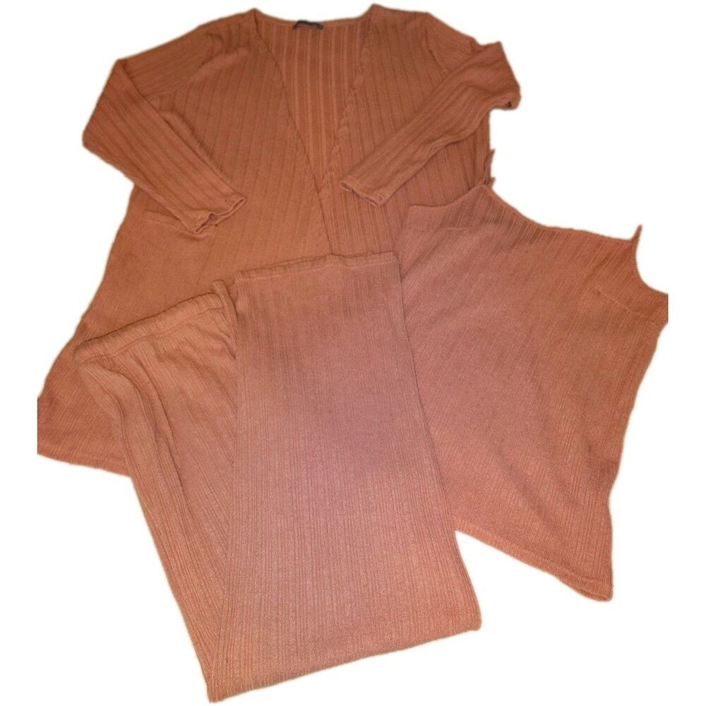 Arianna by Howard's 3-Pc Lounge Set L/XL Mauve Ribbed Cardigan Duster...